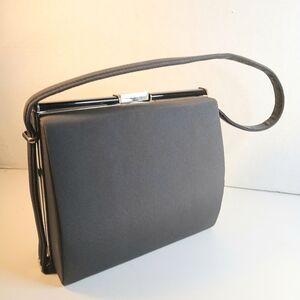 Grey Fabric Top Handle Box Bag w/ Metal Frame And Clasp Closure